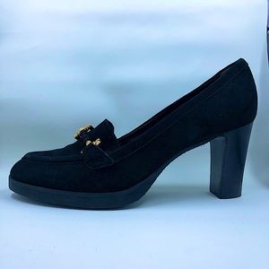 La CANADIENNE Black Suede Heeled Loafers with Gold Hardware